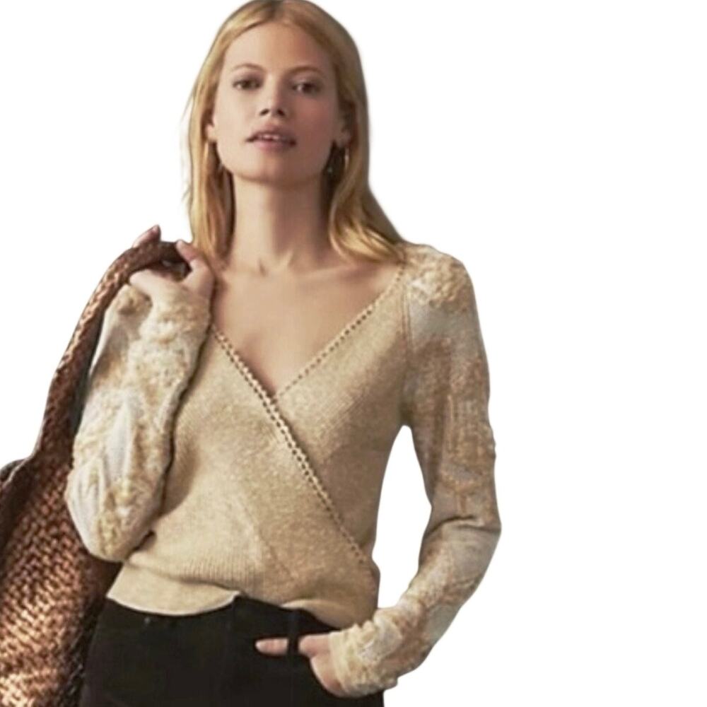 ANTHROPOLOGIE Women’s Tan Surplice Burnout Lace Sweater Knit Top